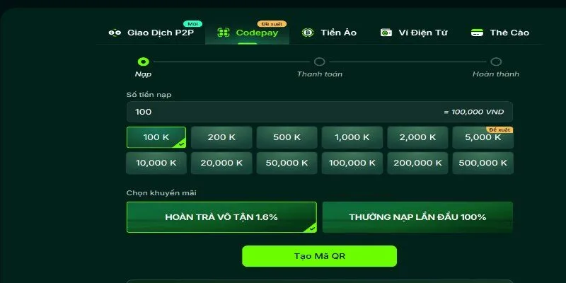 Nhập số tiền nạp trong hạn mức nhà cái đưa ra